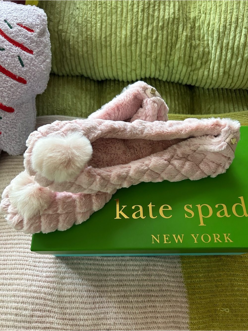 kate spade blush pink braided faux-fur slippers